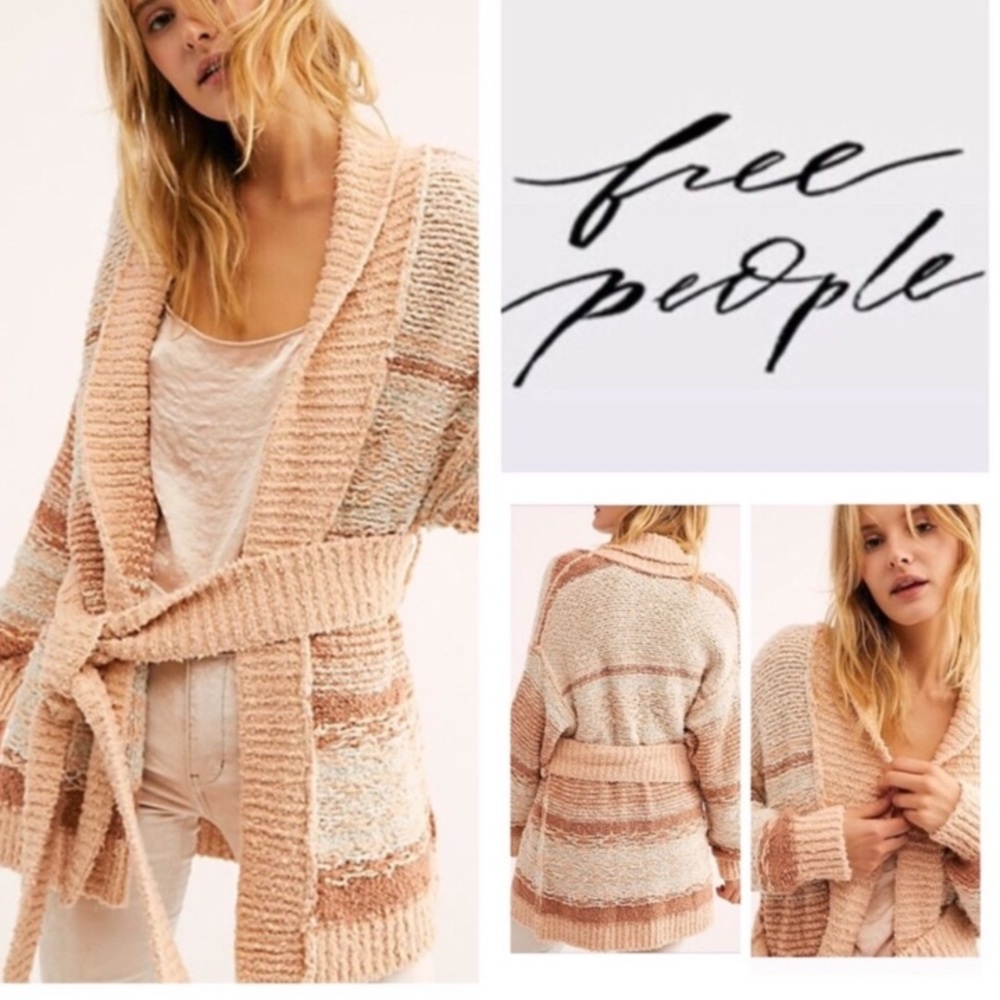 Free People Cozy Cabin Knit Tie Sweater - Peachy Pink, Rust, Cream